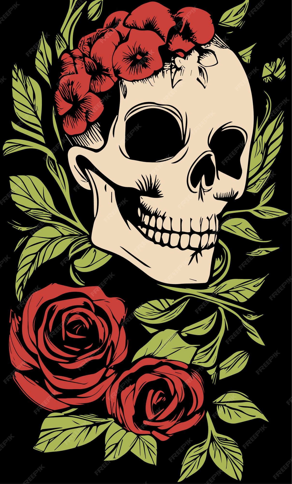 Premium Vector | Feminine skull and roses wallpaper hand drawn vector  colored clip art