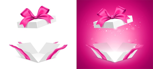 Vector feminine style unfolded gift box with ribbon and shining glitter light isolated on background