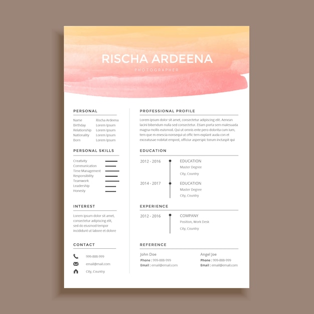 Feminine watercolor resume template design