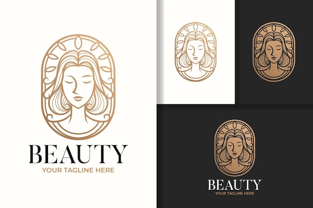 Feminine woman beauty gold line art logo and icon vector template