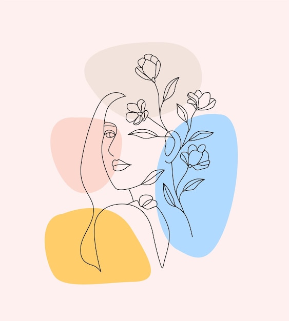 Feminine woman line art and minimal design flowers