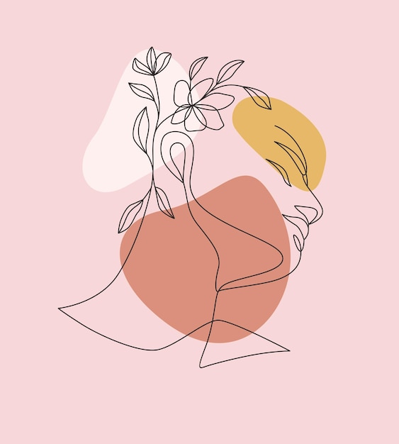 Vector feminine woman with flowers with minimal line art concept