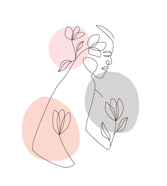 Vector feminine woman with flowers with minimal line art concept