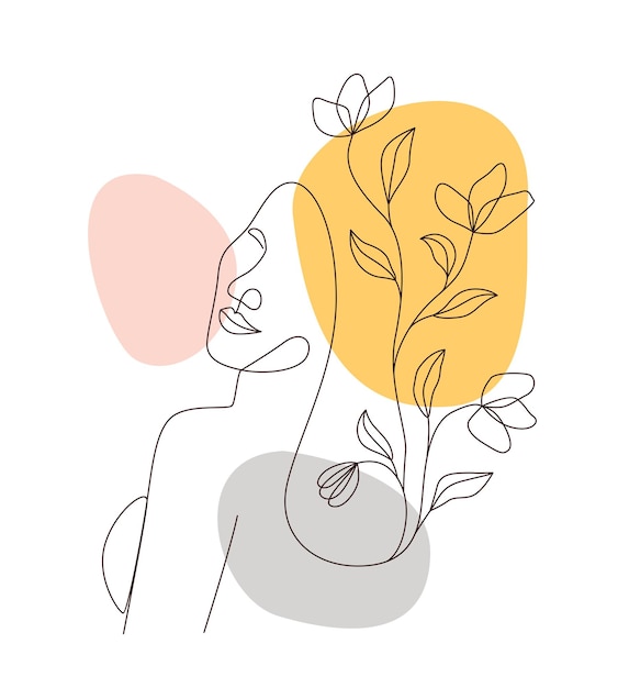 Feminine woman with flowers with minimal line art concept