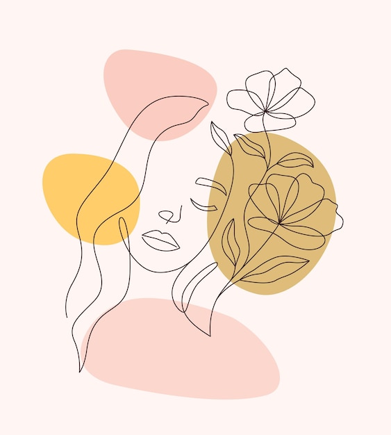 Feminine woman with flowers with minimal line art concept