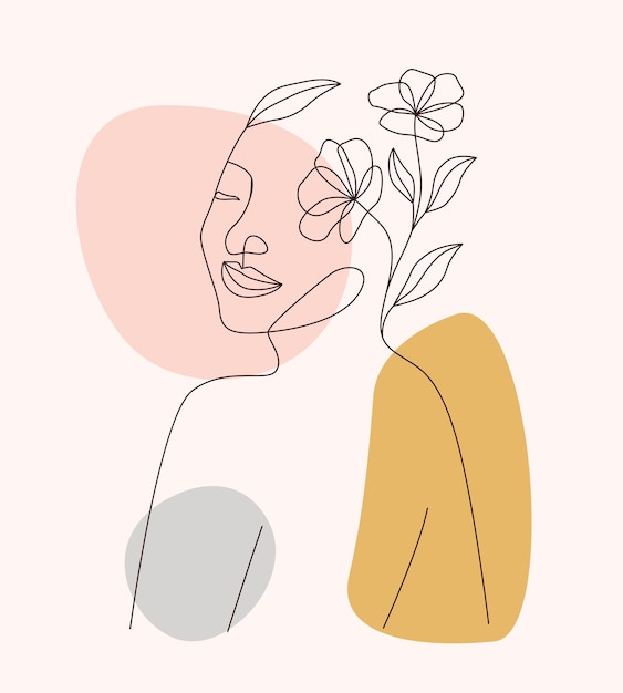 Feminine woman with flowers with minimal line art concept