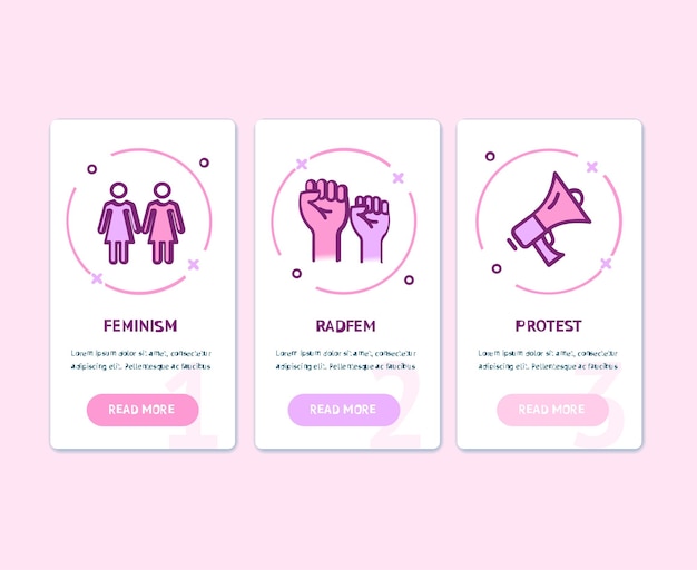 Il femminismo app schermate banner web carte vettore impostato