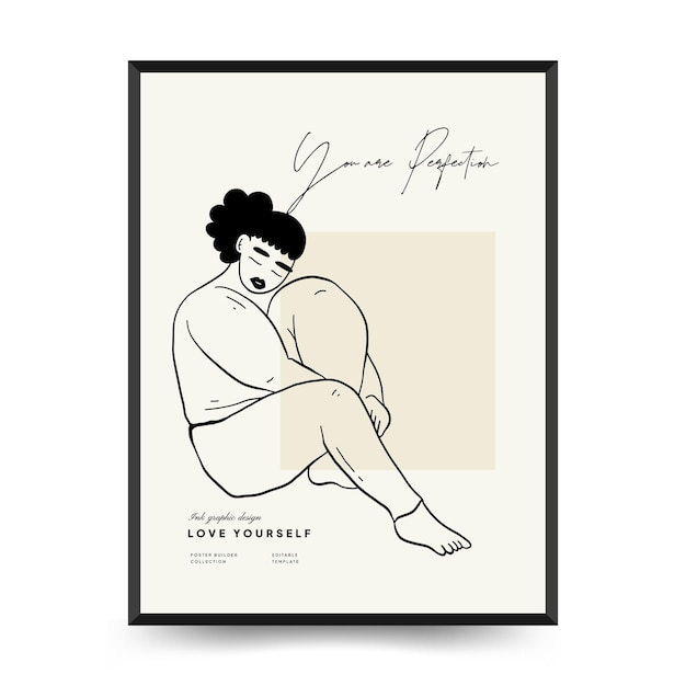 Vector feminism body positive poster template, wall art with minimalistic female figure, love to own figure