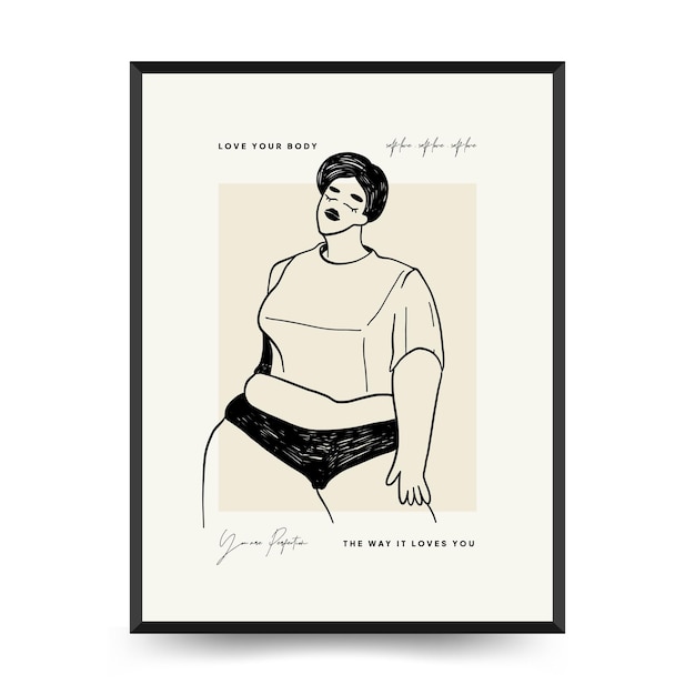 Modello di poster femminismo positivo per il corpo, arte murale con figura femminile minimalista, amore per la propria figura