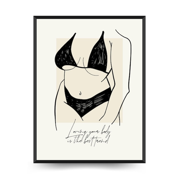 Modello di poster femminismo positivo per il corpo, arte murale con figura femminile minimalista, amore per la propria figura