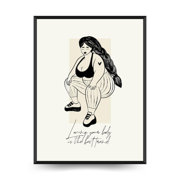 Feminisme lichaam positieve poster sjabloon, kunst aan de muur met minimalistische vrouwelijke figuur, liefde voor eigen figuur