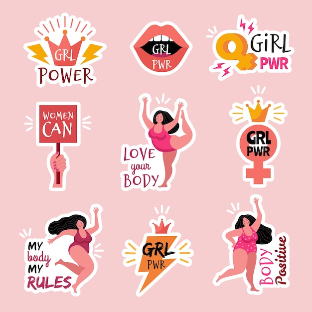 Vettore distintivi femministi. personaggi femminili di potere positivo del corpo ragazze autoadesivo di vettore alla moda. movimento dello slogan del femminismo, illustrazione di fiducia e di responsabilizzazione