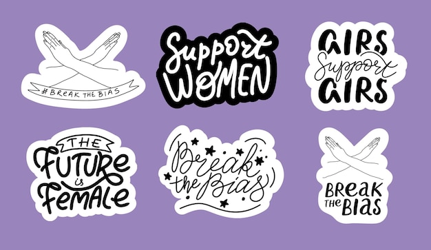 Vector feminist hand written sticker set break the bias