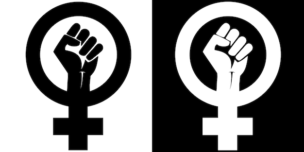 Vector feminist icon with clenched fist isolated on transparent background and stamped on black background