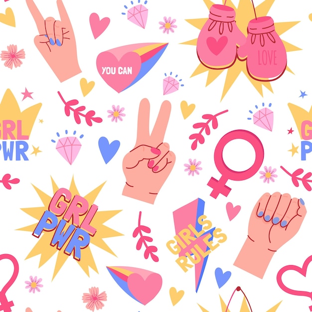 Vector feminist seamless pattern with female hands, fists and grl pwr slogans. women sisterhood community power, motivation symbols vector print. illustration of background pattern power feminism