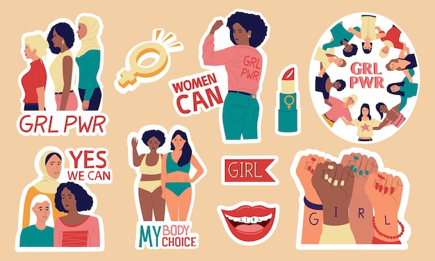 Vector feminist stickers women empowerment and girl activist colorful badges of female social movement for equal rights or opportunities vector modern banners set of sisterhood solidarity