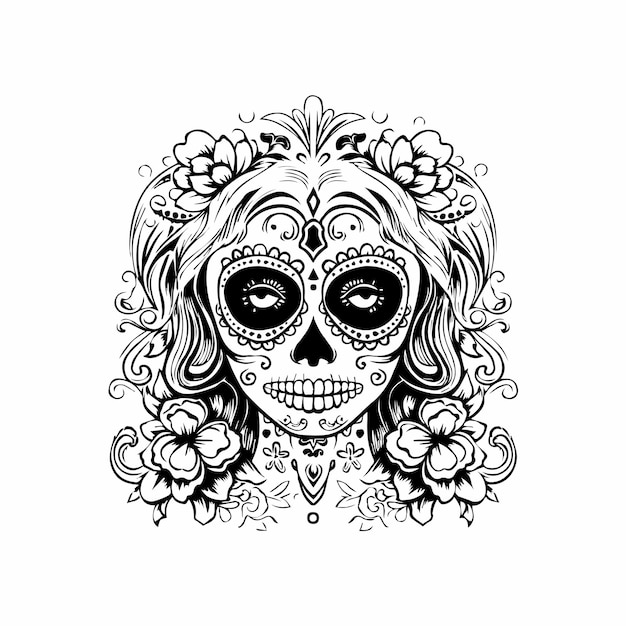 Femme sugar skull style vector portrait in traditional mexican style10