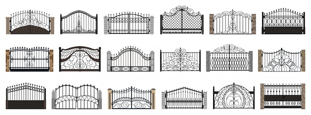 Vector fence gate isolated cartoon set icon.   cartoon set icon metal entrance.