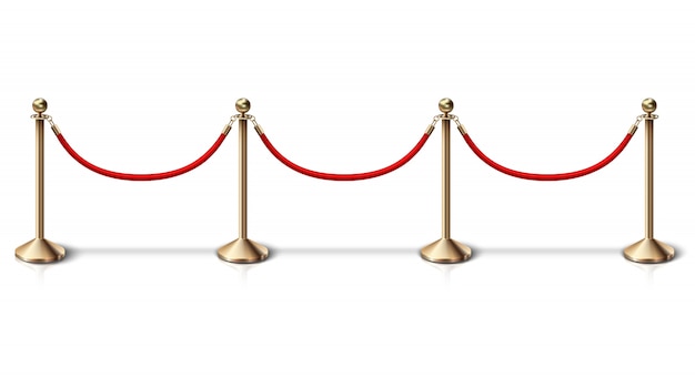 Vector fence golden rope barrier with red velvet rope.  on white background.