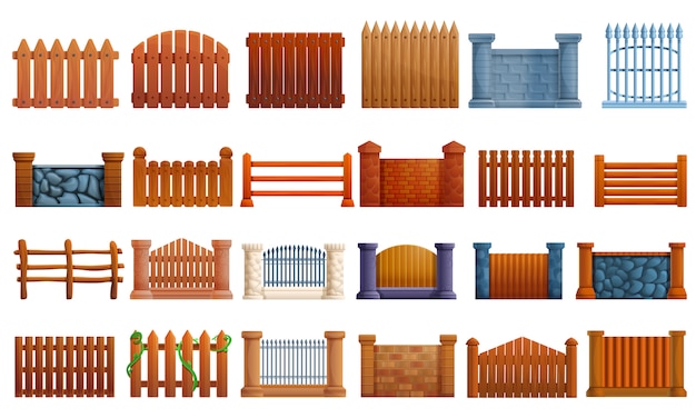 Fence icon set, cartoon style