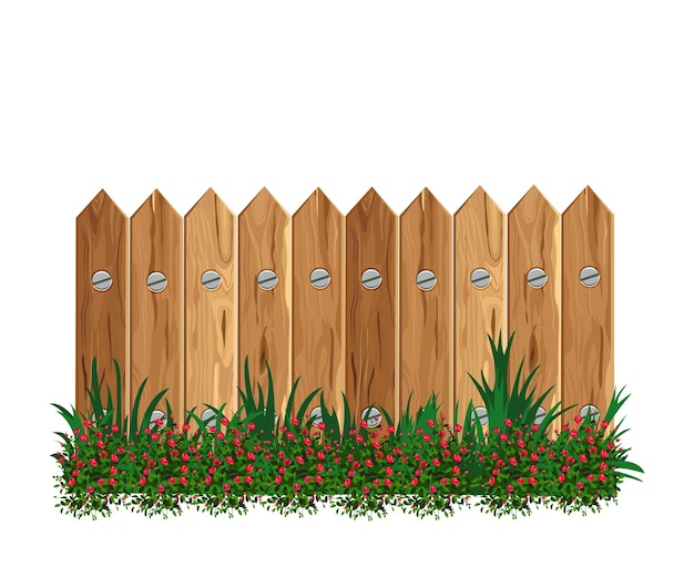 Fence with pinkand red rose bushes Wooden fence Vector flat illustration Can be used to design ga