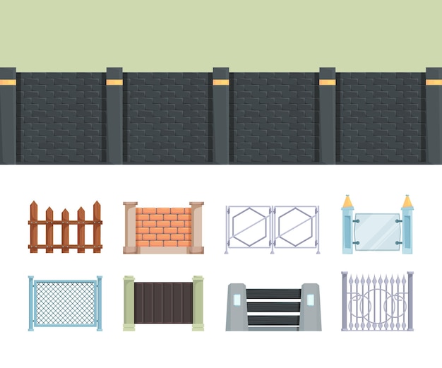 울타리. 주거용 주택 건물을 위한 마을 농장 벡터 야외 요소를 위한 나무와 벽돌 울타리. 울타리 마을, 마당 정원 그림을 위한 나무 벽