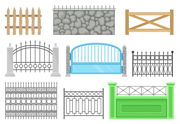 さまざまな構造と材料のフェンスセット、農場、家、庭、白い背景の上の公園イラストの防護壁