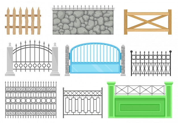 다른 구조 및 재료 세트, 농장, 집, 정원, 공원 보호 장벽 흰색 배경에 울타리