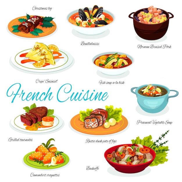 Vector fench meat and vegetable dishes desserts