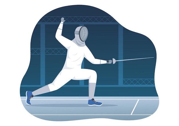 Fencing Player Sport Illustration with Fencer Fighting and Sword Duel in Flat Cartoon Hand Drawn