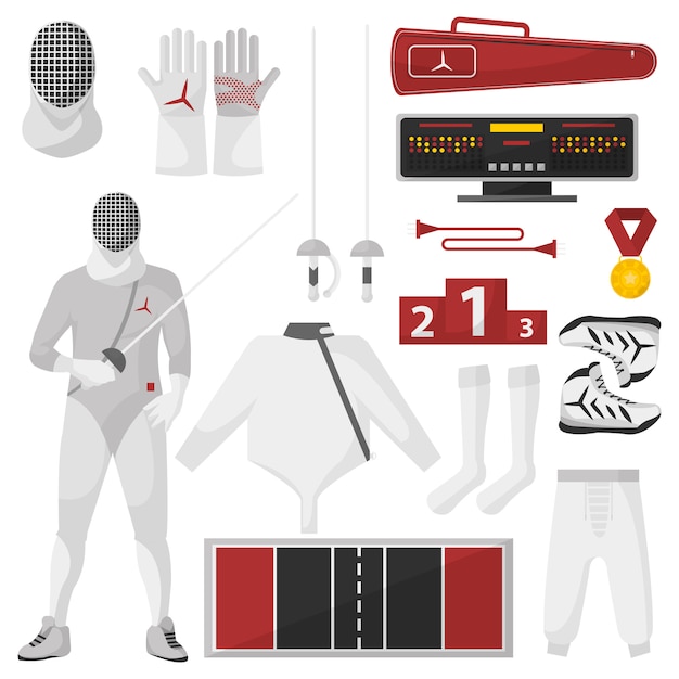 Vector fencing sport equipment vector set.