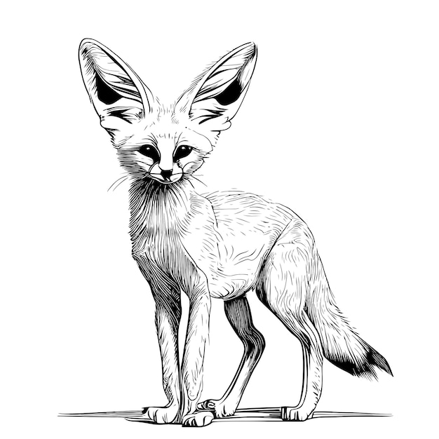 Fennec fox standing sketch abstract hand drawn engraving style Vector illustration.