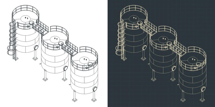 Vector fermentation stainless steel tanks isometric blueprints