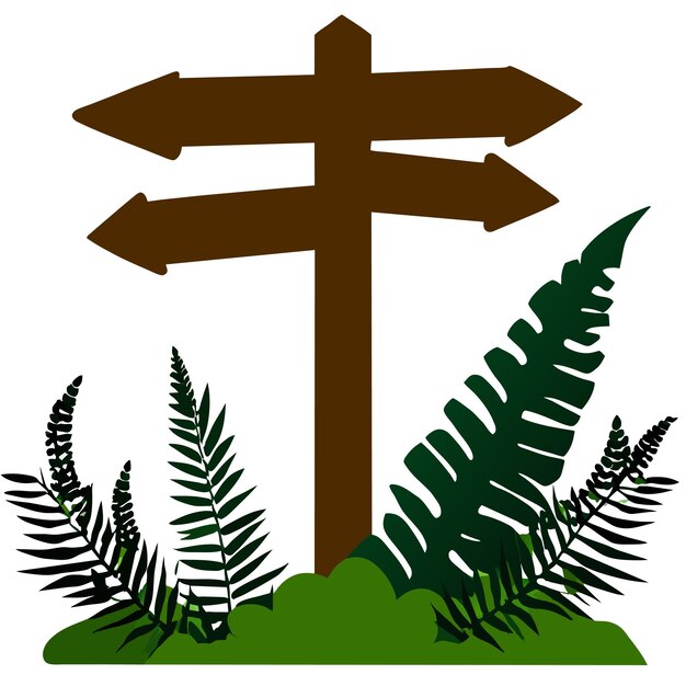 Vector fern plants surrounding arrow directional wooden sign board