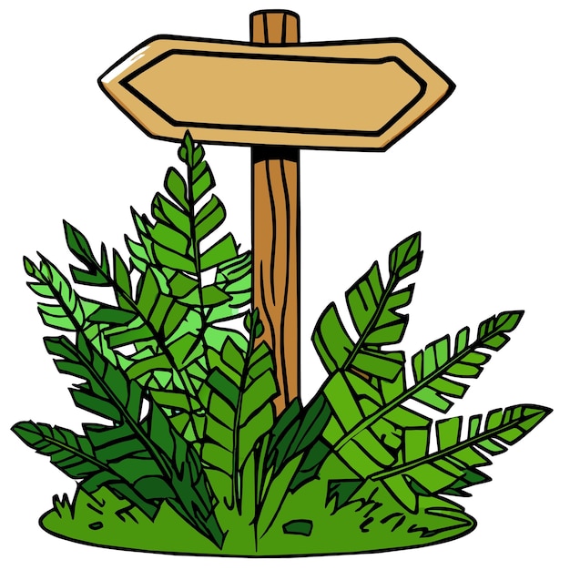 Fern plants surrounding arrow directional wooden sign board