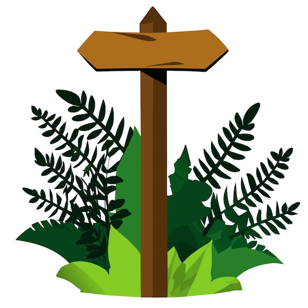 Vector fern plants surrounding arrow directional wooden sign board