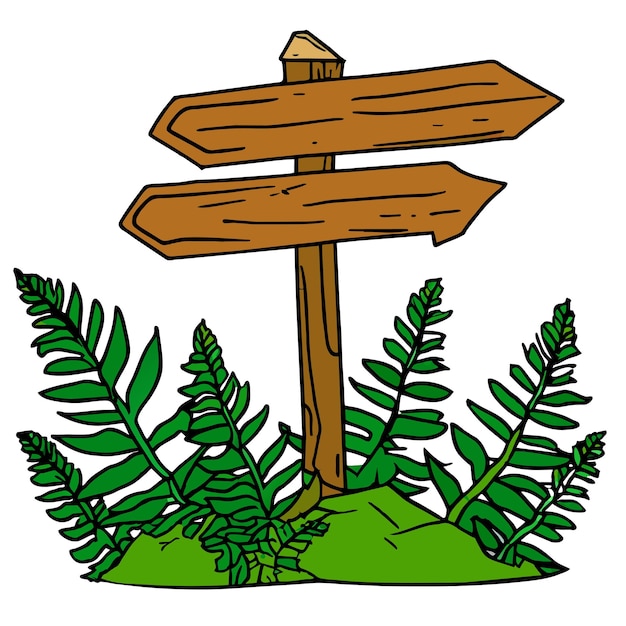 Fern plants surrounding arrow directional wooden sign board