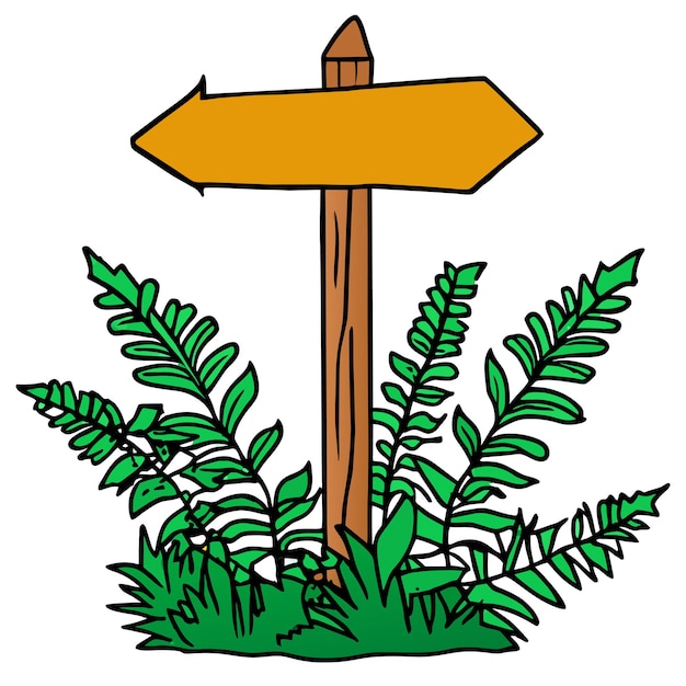 Vector fern plants surrounding arrow directional wooden sign board