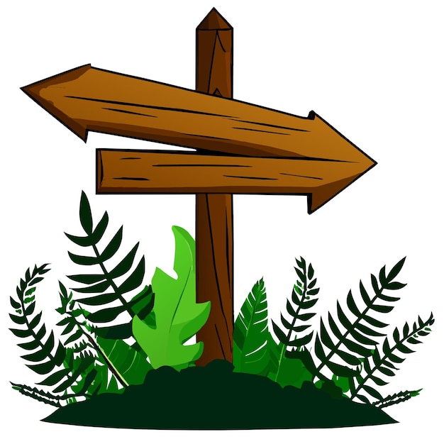 Vector fern plants surrounding arrow directional wooden sign board