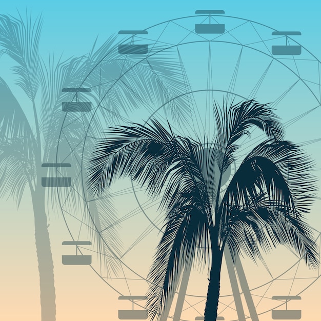 Vector ferris wheel and palm tree silhouette background