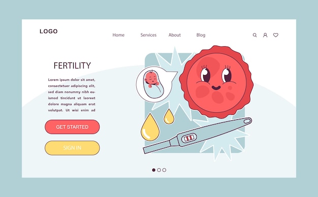 Vector fertility web or landing smiley ovum vintage cartoon character visualizes a baby positive pregnancy