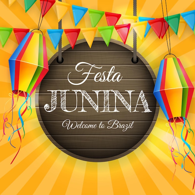 Festa junina-achtergrond met lantaarn van partijvlaggen