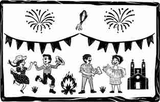 Vector festa junina arraial with people dancing separate vectors in woodcut and cordel literature style