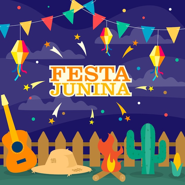 Festa Junina background Brazil June Festival Folklore Holiday Guitar Cactus Summer Campfire Vector