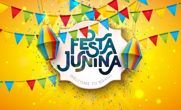 Festa junina banner design with party flags paper lantern and typography lettering on yellow falling