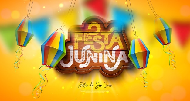 Festa Junina Banner Illustration with Party Flags and Paper Lantern on Sun Yellow Background