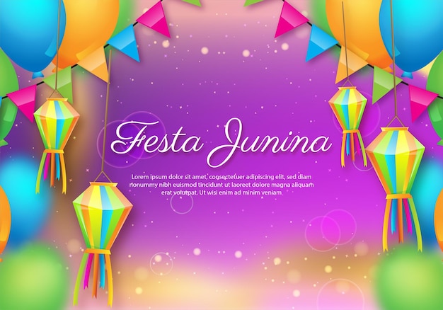 풍선 별 입자 골드 리본이 있는 Festa Junina 배너