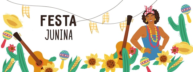 Festa Junina Brazil June Festival flyer or banner layout template flat vector cartoon illustration isolated on white background