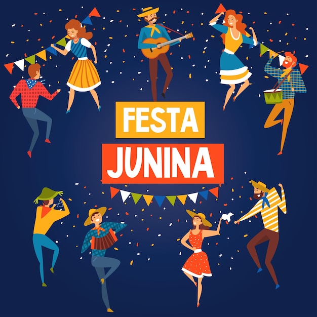 Festa Junina Brazilië Juni Festival Banner of Poster Gelukkige mensen dansen 's nachts Folklore Party Vector illustratie in platte stijl