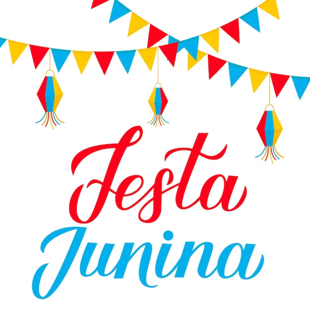 Festa Junina calligraphy lettering with flags Brazil June Festival Festa de Sao Joao Brazilian Traditional Carnival typography poster Easy to edit template fop banner invitation flyer etc